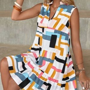 Geo Print Notched Neck Ruffle Hem Smock Dress career casual